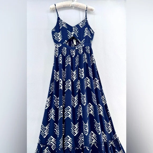 MWT Aerie Women’s Blue Ikat White Tribal Print Boho Cut Out Long Maxi Dress Sz S - Picture 5 of 15